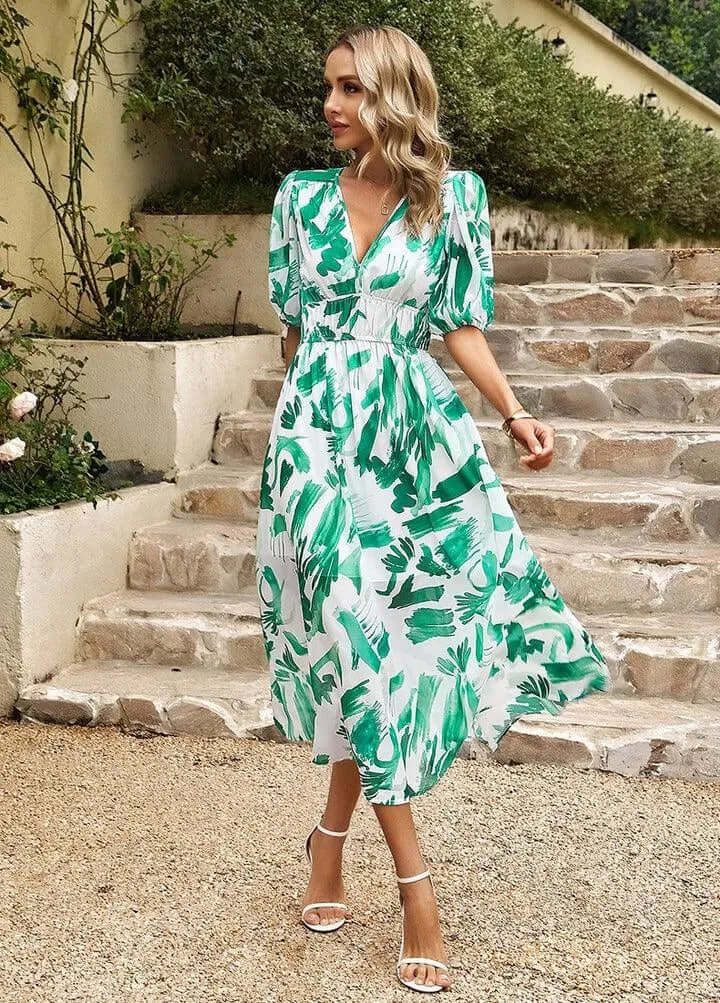 Women's Puff Sleeve Midi Dress with Cinched Waist