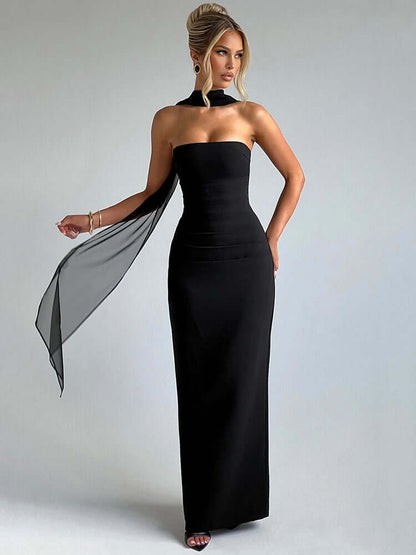 Strapless Evening Dress with Scarf - Floor-Length