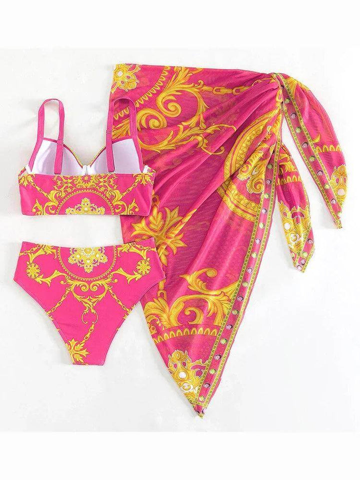 Bohemian High-Waist Bikini Set with Cover-Up