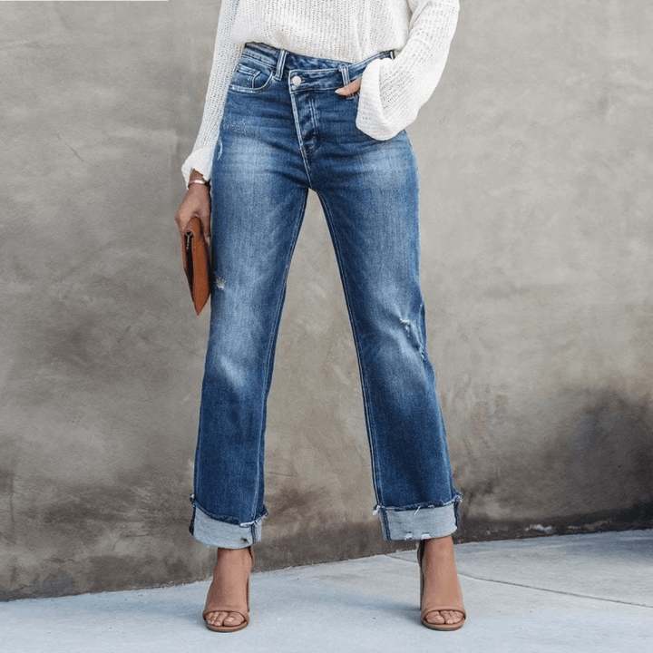 High-Waisted Casual Straight Jeans