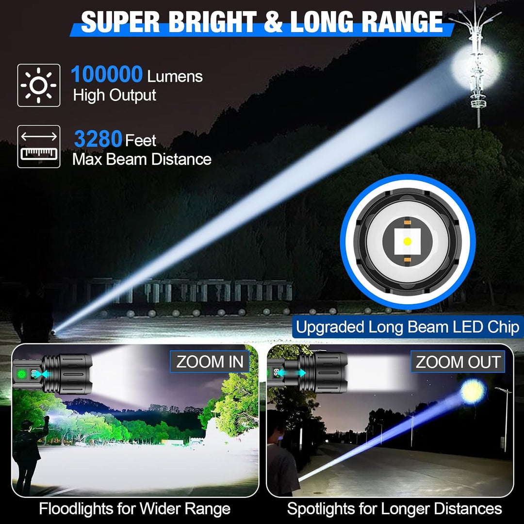 "100000 lumen tactical flashlight with LED, sturdy black aluminum body, LCD power display, ideal for outdoor use."