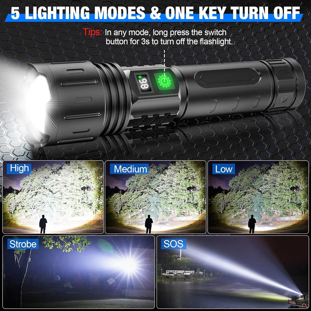 "100000 lumen tactical flashlight with LED, sturdy black aluminum body, LCD power display, ideal for outdoor use."