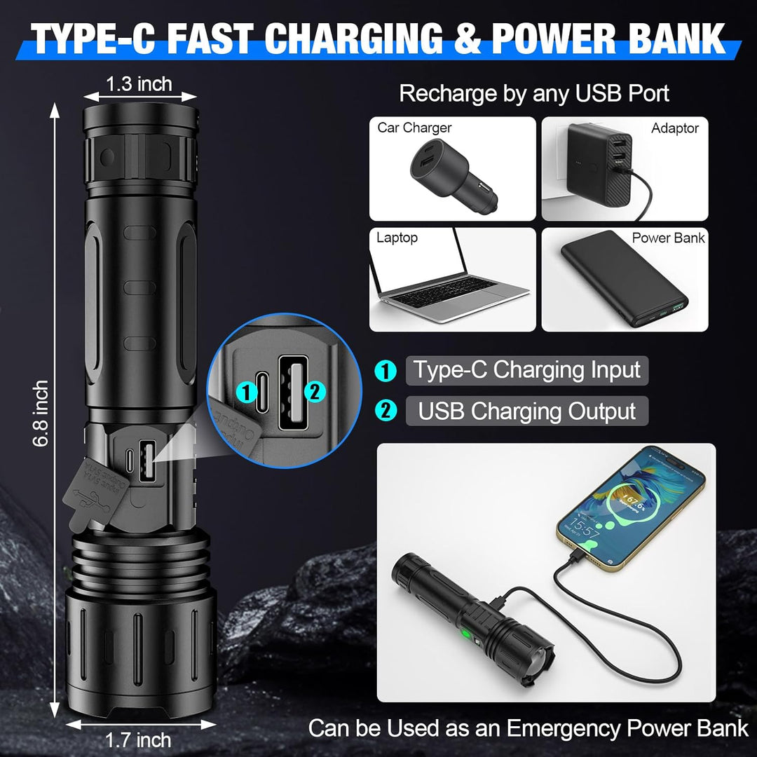 "100000 lumen tactical flashlight with LED, sturdy black aluminum body, LCD power display, ideal for outdoor use."