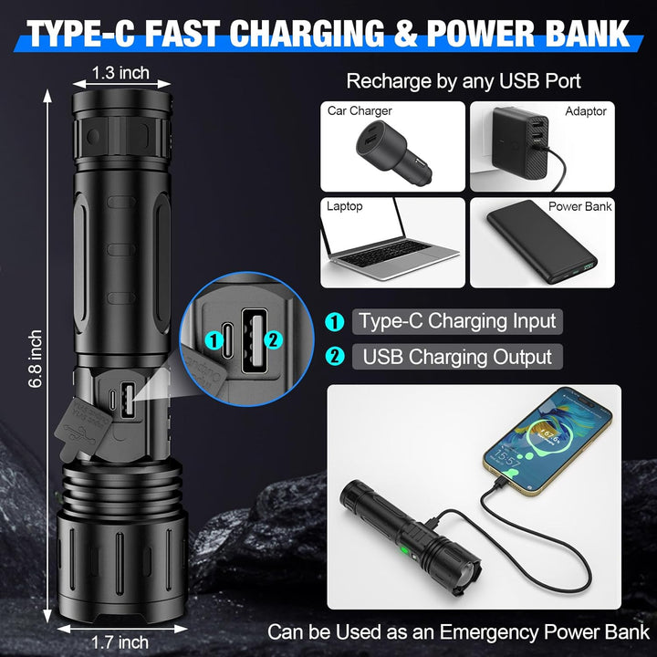 "100000 lumen tactical flashlight with LED, sturdy black aluminum body, LCD power display, ideal for outdoor use."