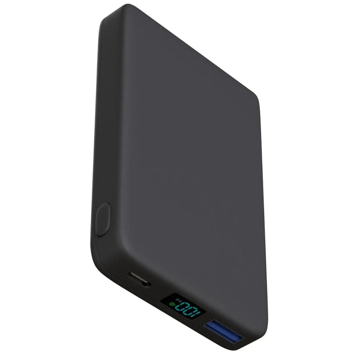 "10,000mAh MagSafe power bank for iPhone, sleek design, wireless charging, vibrant colors, portable, lightweight."