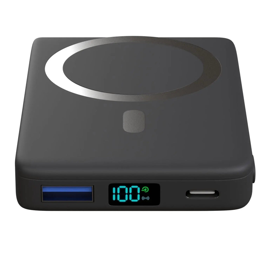 "10,000mAh MagSafe power bank for iPhone, sleek design, wireless charging, vibrant colors, portable, lightweight."