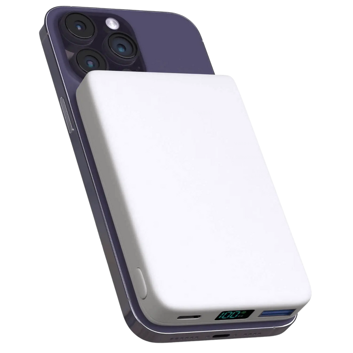 "10,000mAh MagSafe power bank for iPhone, sleek design, wireless charging, vibrant colors, portable, lightweight."