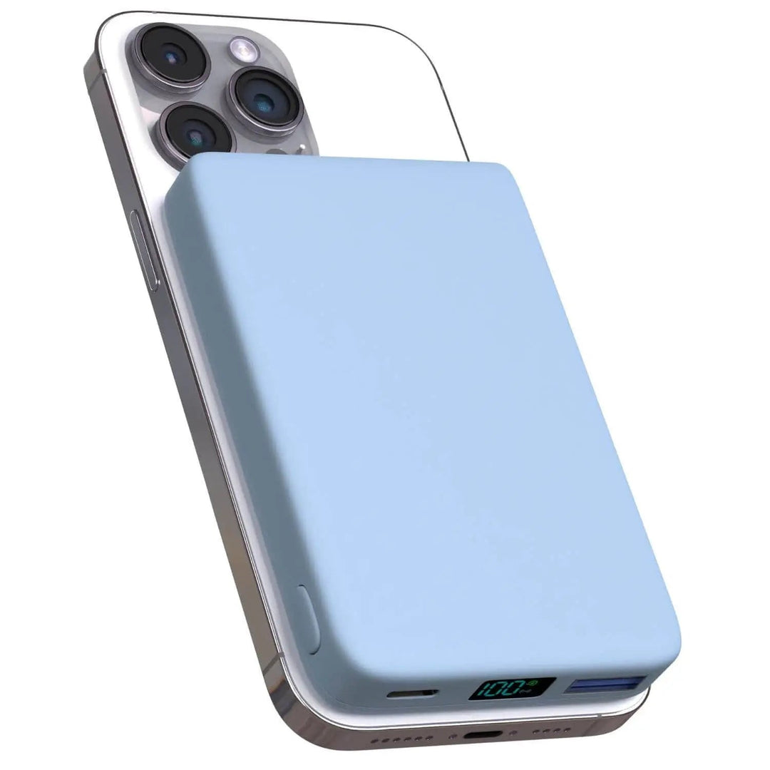 "10,000mAh MagSafe power bank for iPhone, sleek design, wireless charging, vibrant colors, portable, lightweight."