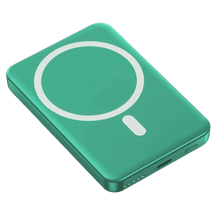 "10,000mAh MagSafe power bank for iPhone, sleek design, wireless charging, vibrant colors, portable, lightweight."