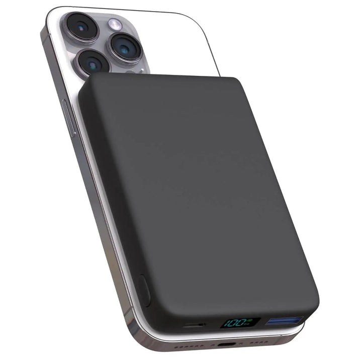 "10,000mAh MagSafe power bank for iPhone, sleek design, wireless charging, vibrant colors, portable, lightweight."