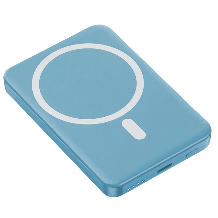 "10,000mAh MagSafe power bank for iPhone, sleek design, wireless charging, vibrant colors, portable, lightweight."