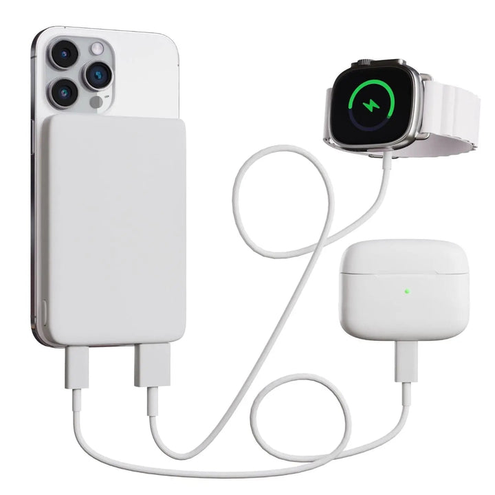 "10,000mAh MagSafe power bank for iPhone, sleek design, wireless charging, vibrant colors, portable, lightweight."