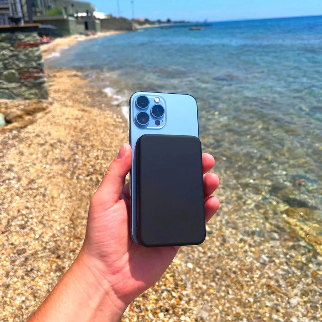 "10,000mAh MagSafe power bank for iPhone, sleek design, wireless charging, vibrant colors, portable, lightweight."