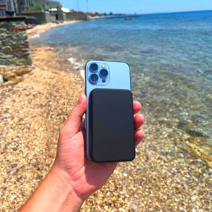 "10,000mAh MagSafe power bank for iPhone, sleek design, wireless charging, vibrant colors, portable, lightweight."