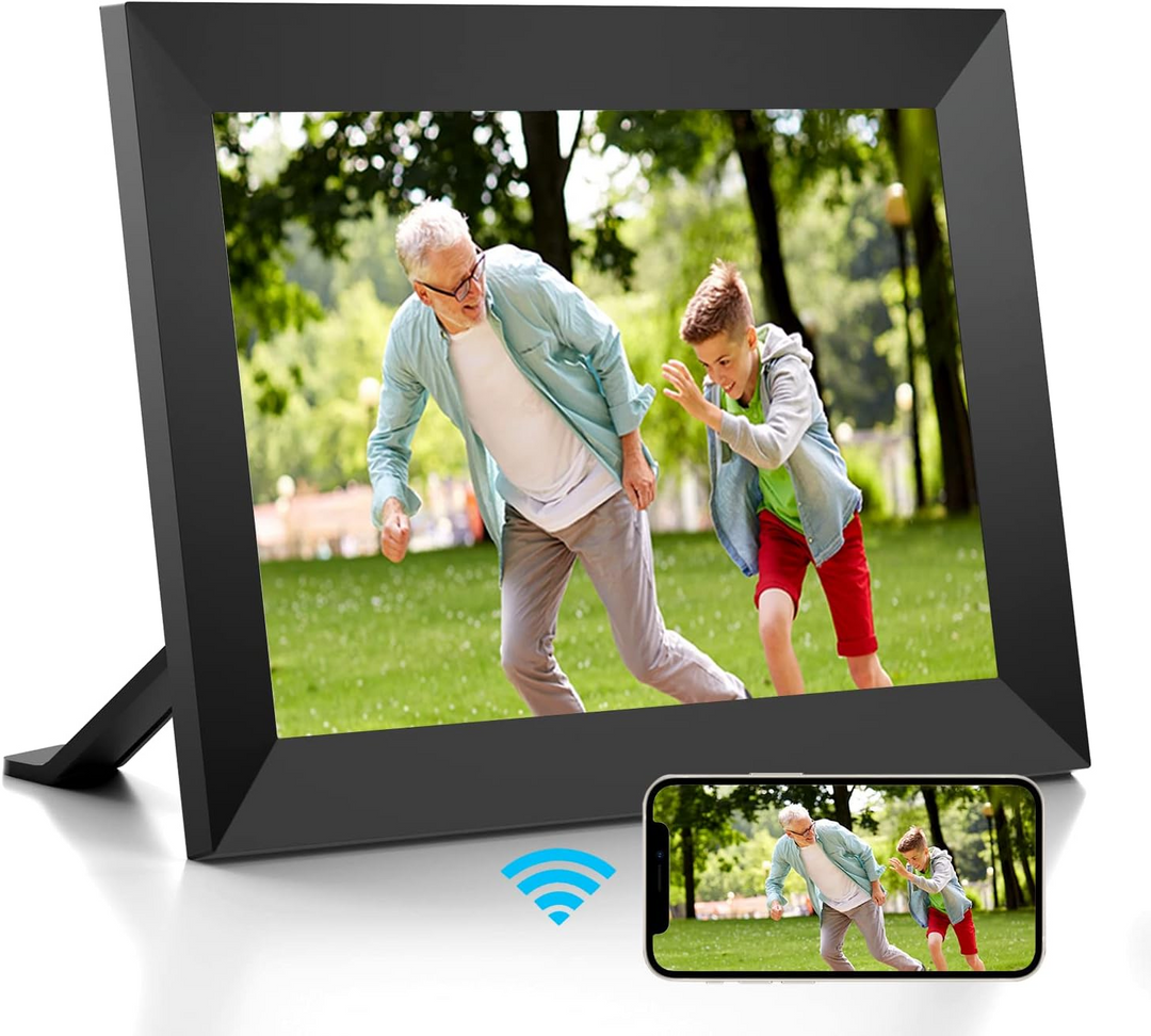 10.1-Inch HD touchscreen WiFi digital photo frame displaying vibrant images, ideal for showcasing memories with modern featur