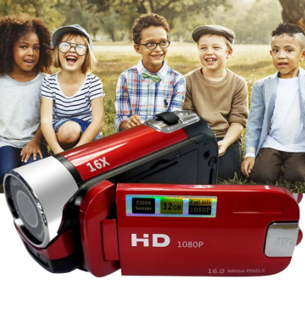 "1080P Full HD vlogging camera in black and red, with night shoot, anti-shake and built-in LED light for clear video."