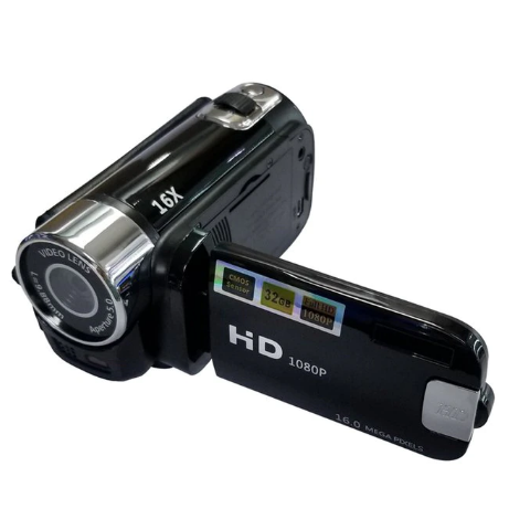 "1080P Full HD vlogging camera in black and red, with night shoot, anti-shake and built-in LED light for clear video."