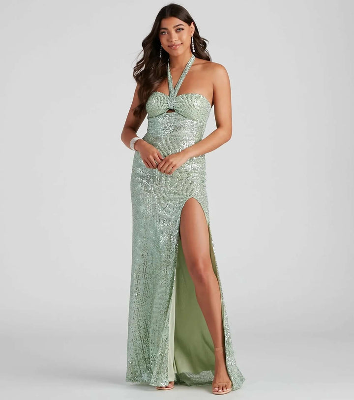 Sequin Halter Neck Evening Gown with High Slit