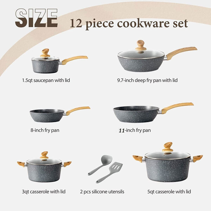 "12-piece granite coated nonstick cookware set with glass lids and ergonomic handles, perfect for versatile kitchen cooking."