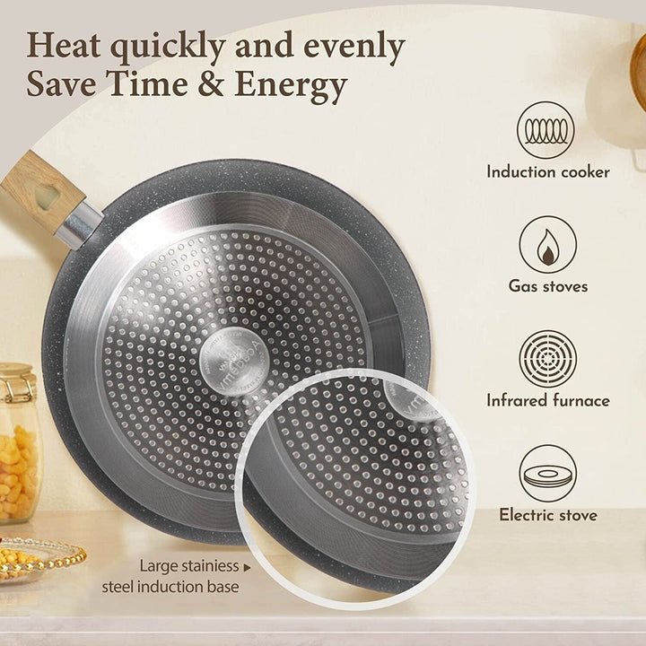 "12-piece granite coated nonstick cookware set with glass lids and ergonomic handles, perfect for versatile kitchen cooking."