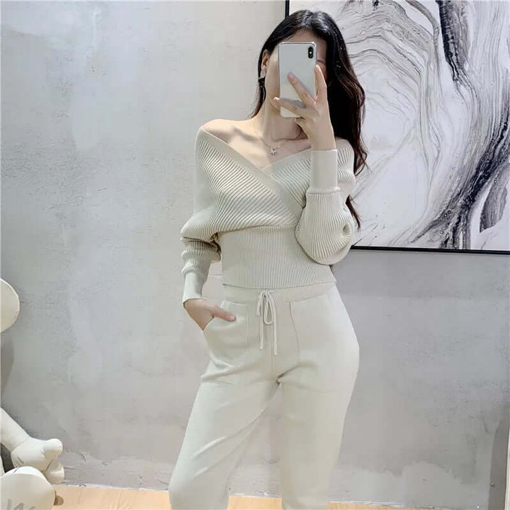 Women's Ribbed Knit Lounge Set with Harem Pants