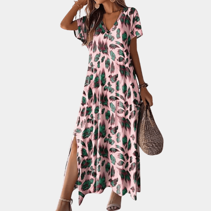 Leaf Print Maxi Dress - Casual V-Neck