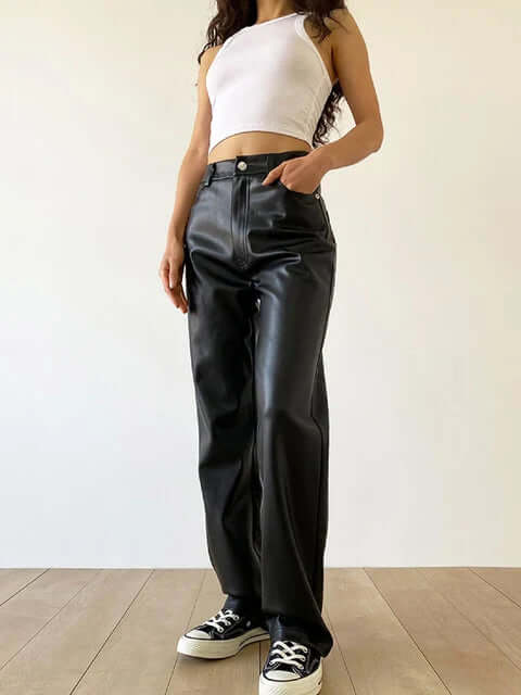 Women's High-Waist Straight Leg Vintage Leather Pants