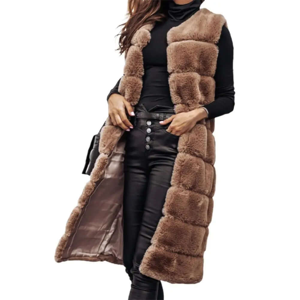 Faux Fur Vest - Women's Sleeveless Open Longline Gilet