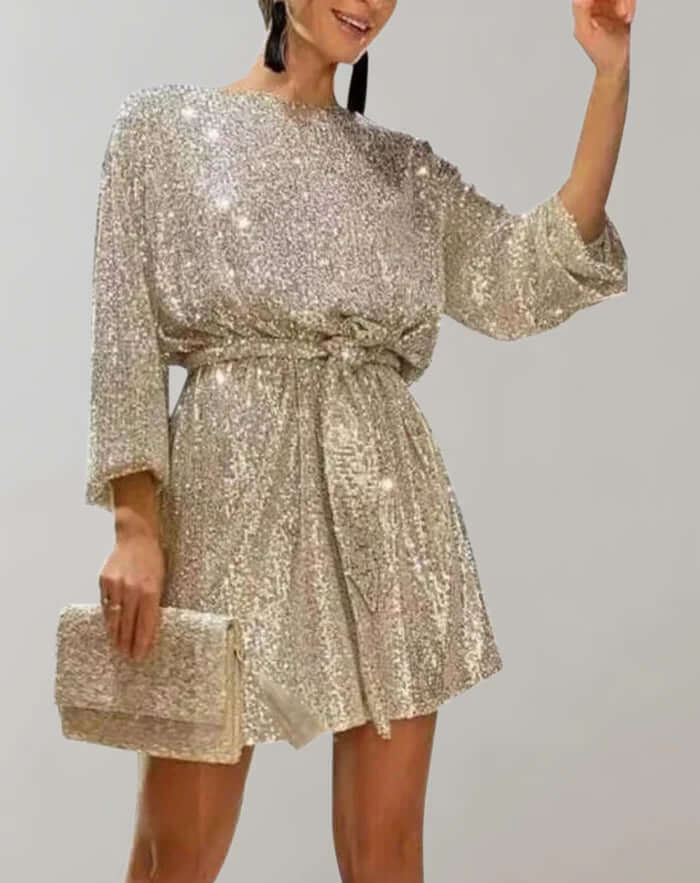 Sequin Waist-Cinched Mini Dress