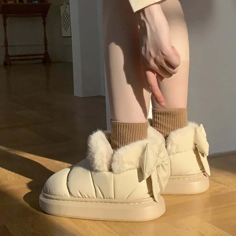 Women's Faux Fur Lined Ankle Boots with Bow Detail