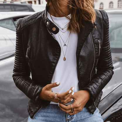 Women's Slim Fit Stand Collar PU Jacket