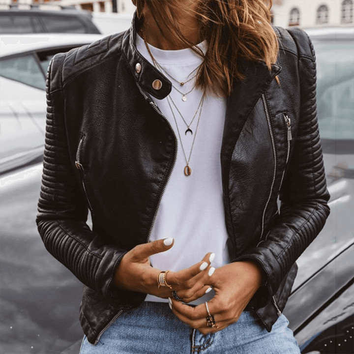 Women's Slim Fit Stand Collar PU Jacket