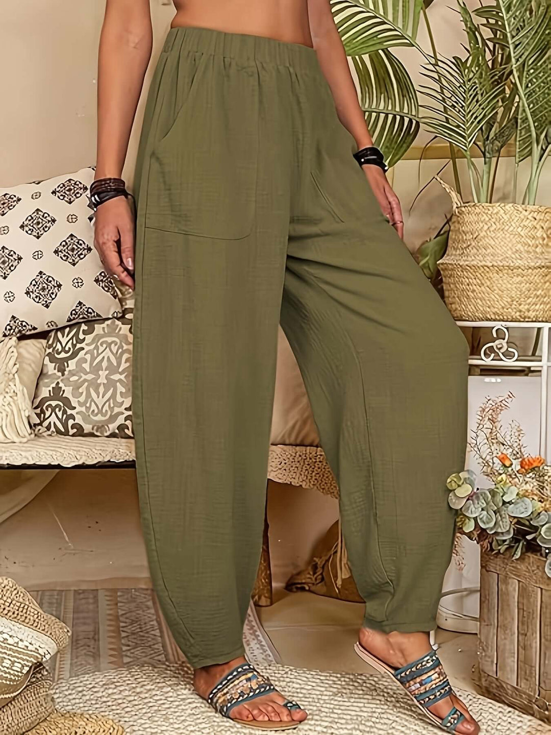 Women's Relaxed Fit Linen Trousers with Pockets
