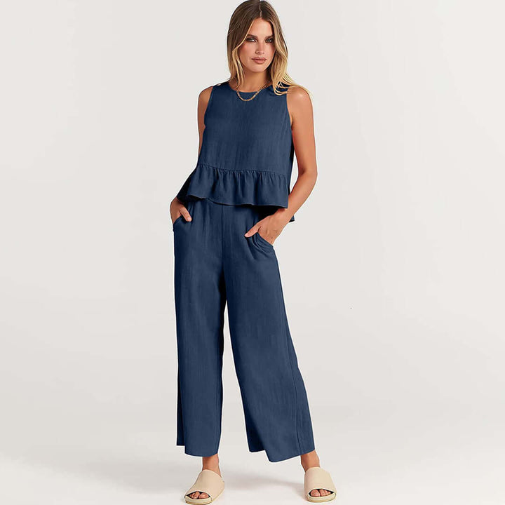 Women's Ruffled Sleeveless Top & Wide-Leg Pants Set
