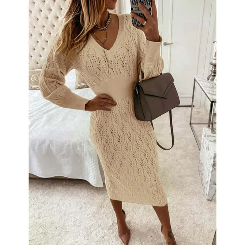 Women's Cotton V-Neck Long Sleeve Midi Dress