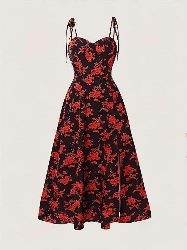 Floral Print Midi Dress with Tie Straps