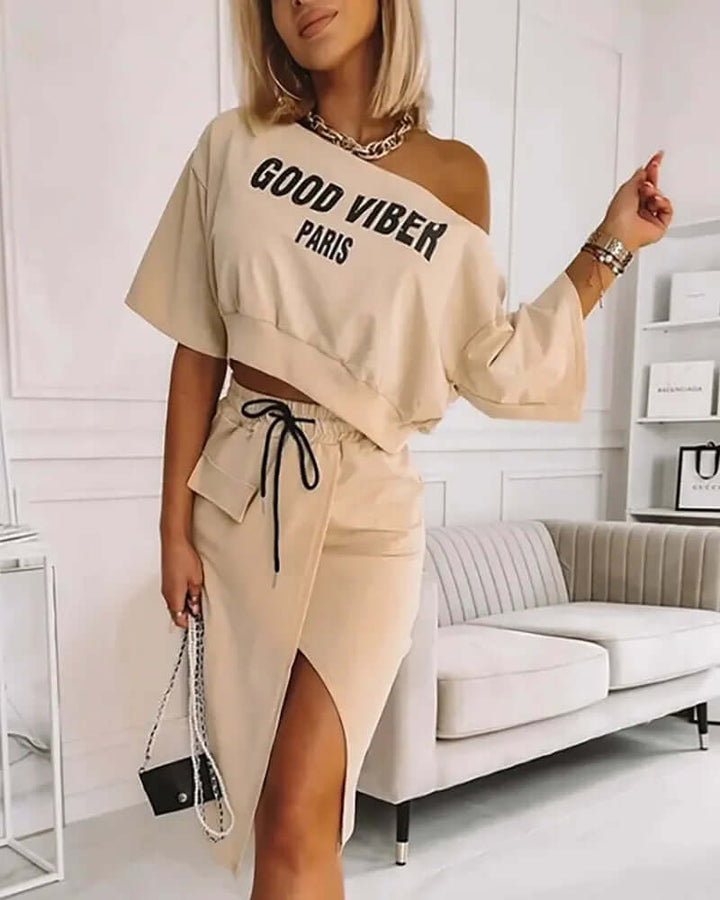 One-Shoulder Crop Top & High Split Skirt Set