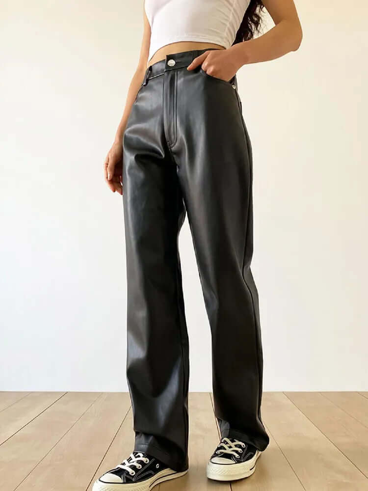 Women's High-Waist Straight Leg Vintage Leather Pants