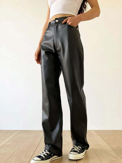Women's High-Waist Straight Leg Vintage Leather Pants