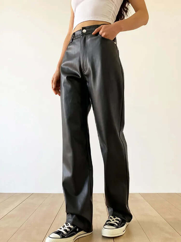 Women's High-Waist Straight Leg Vintage Leather Pants