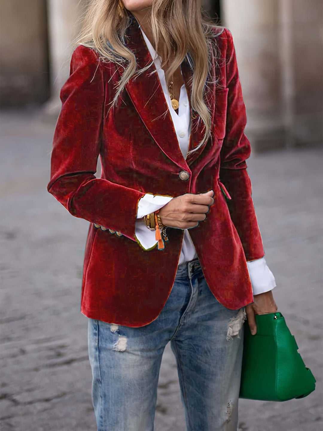 Women's Green Velvet Blazer with Golden Buttons