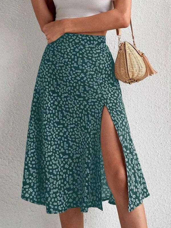 Women's Floral A-Line Midi Skirt with Side Slit