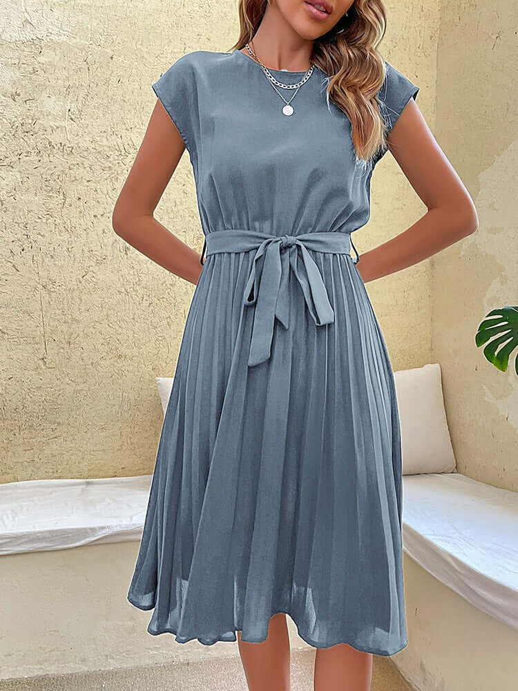 Women's Pleated Midi Dress with Tie Waist