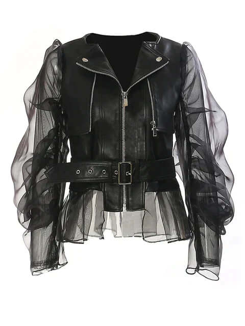 Faux Leather Jacket with Sheer Sleeves