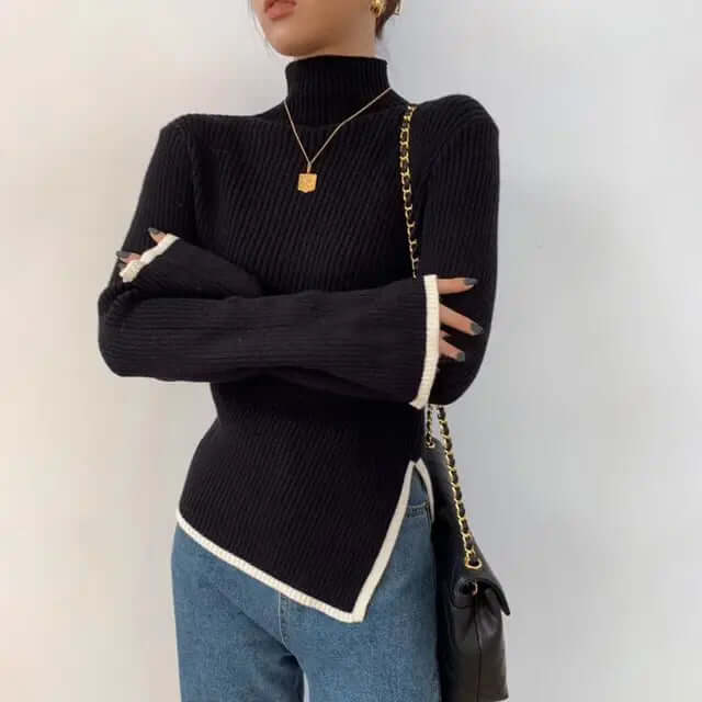 Women's Ribbed Turtleneck Sweater with Flared Sleeves