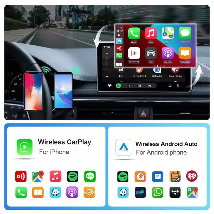 2-in-1 Wireless CarPlay & Android Auto adapter, compact design, seamless connectivity, clutter-free, plug-and-play solution.