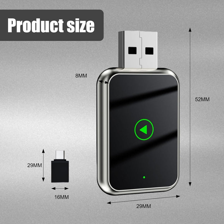 2-in-1 Wireless CarPlay & Android Auto adapter, compact design, seamless connectivity, clutter-free, plug-and-play solution.