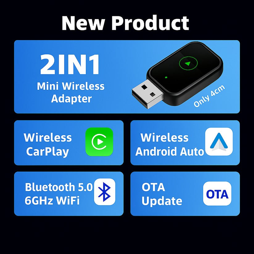 2-in-1 Wireless CarPlay & Android Auto adapter, compact design, seamless connectivity, clutter-free, plug-and-play solution.