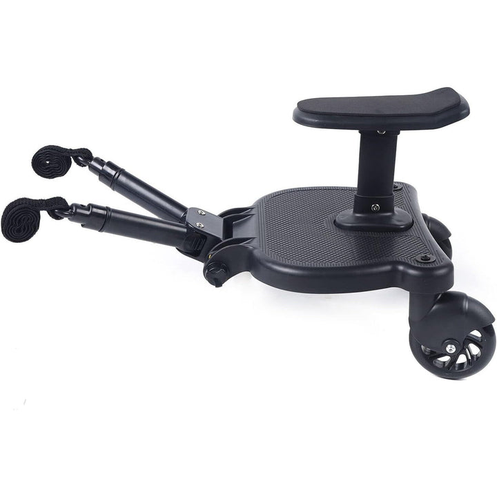 "2-wheel buggy board with seat for strollers, black with 360° swivel wheels, removable seat, non-slip platform, suits toddler
