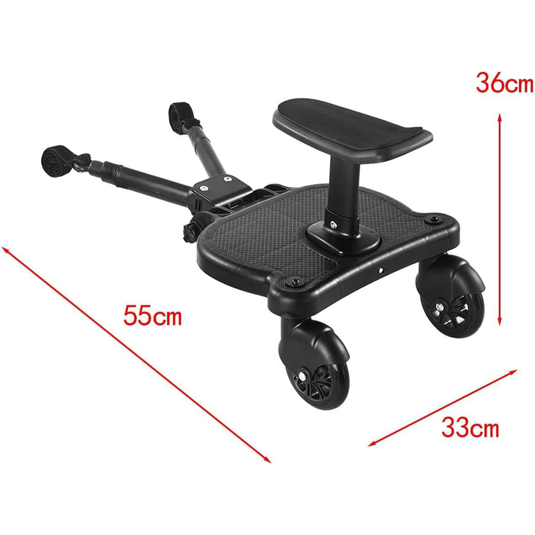 "2-wheel buggy board with seat for strollers, black with 360° swivel wheels, removable seat, non-slip platform, suits toddler